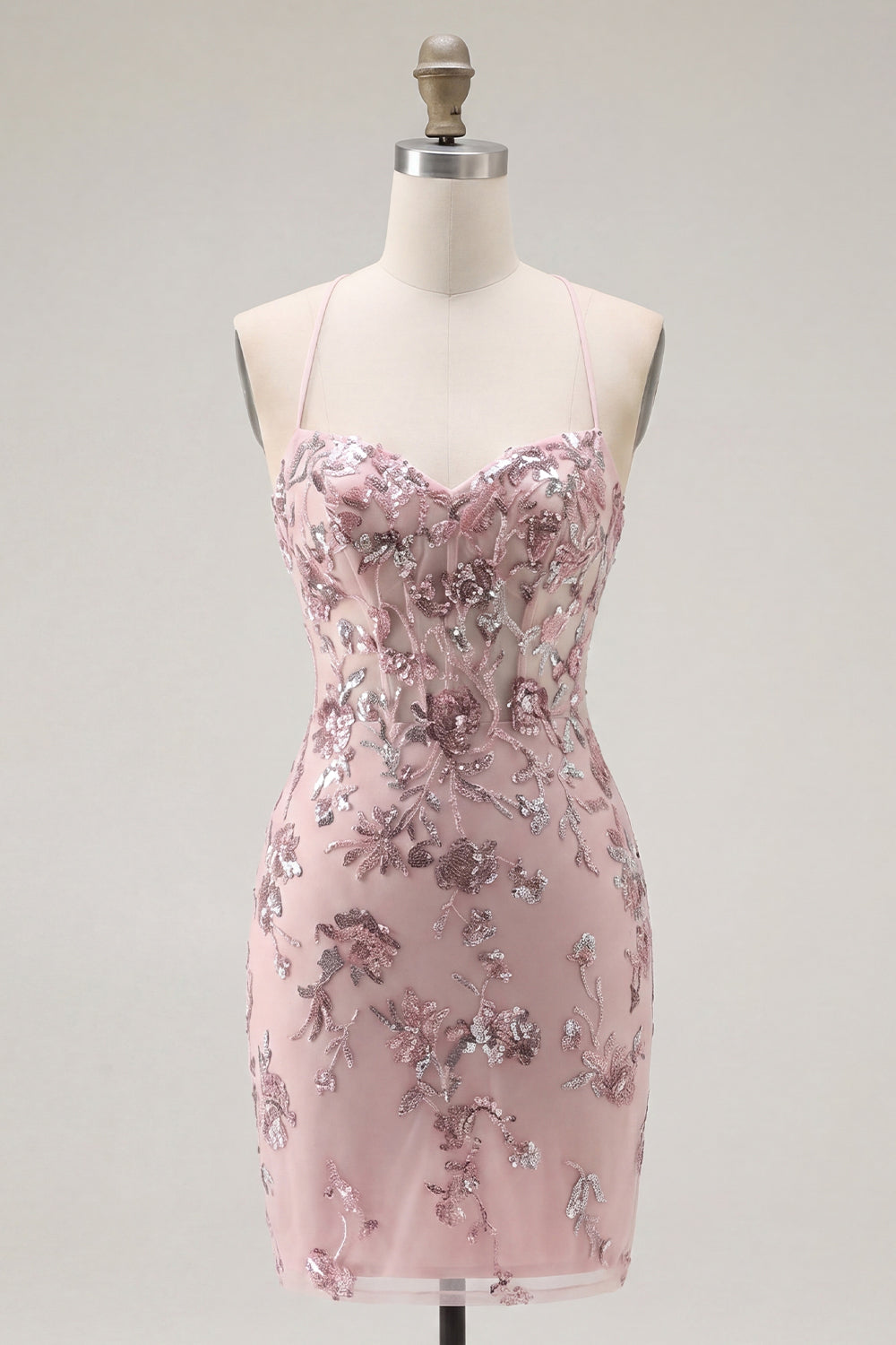 Sparkly Blush Floral Halter Corset Tight Short Beaded Homecoming Dress