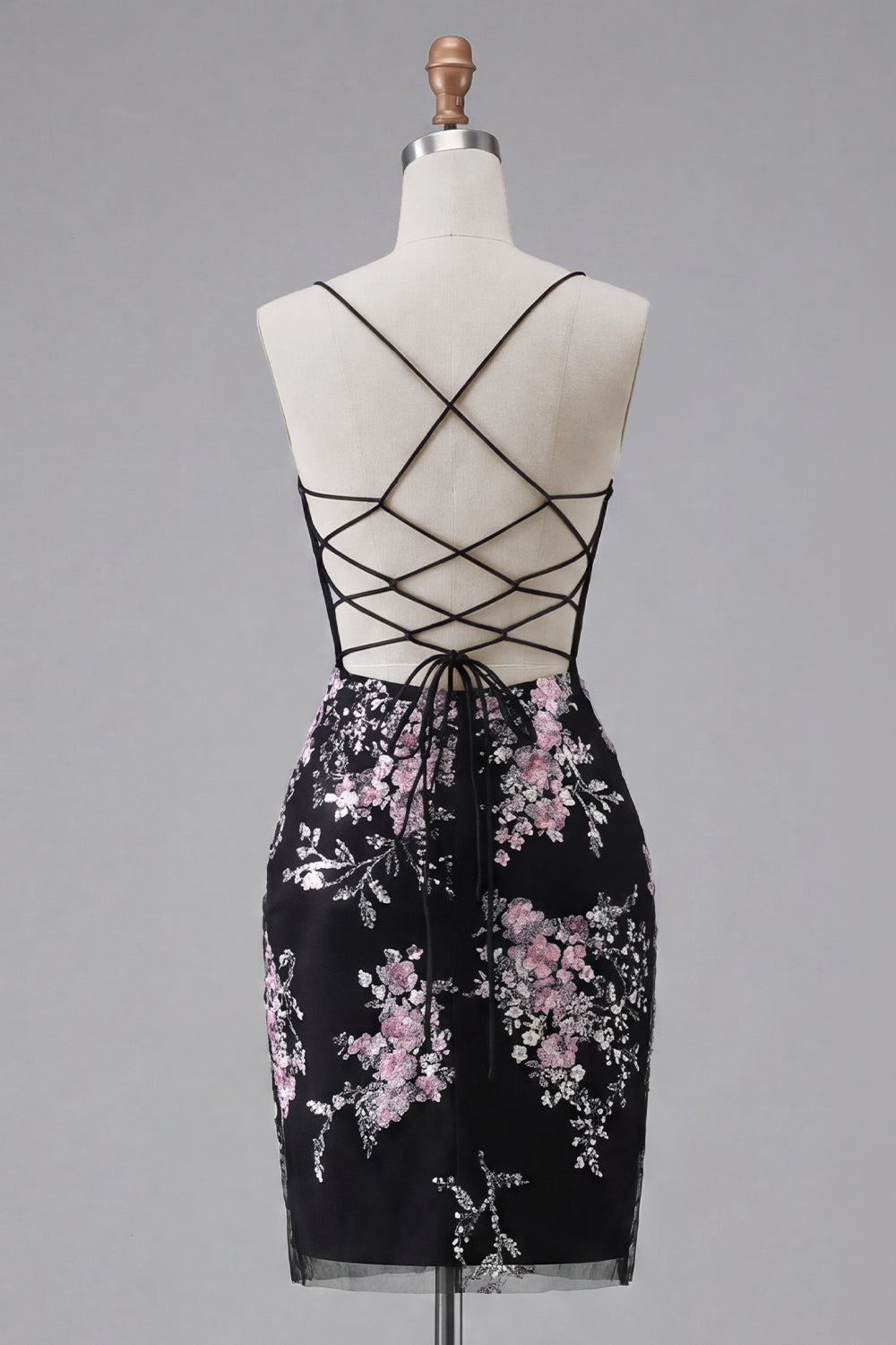 Spaghetti Straps Black Pink Flower Tight Short Corset Homecoming Dress
