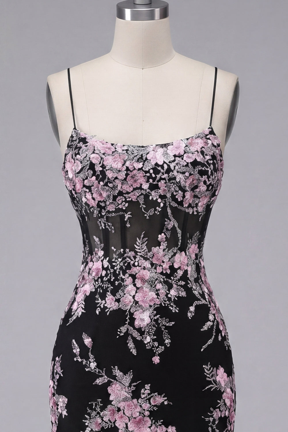 Spaghetti Straps Black Pink Flower Tight Short Corset Homecoming Dress