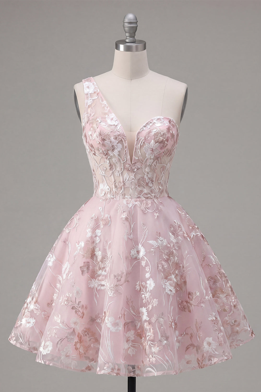 One Shoulder Pink Floral A Line Short Homecoming Dress