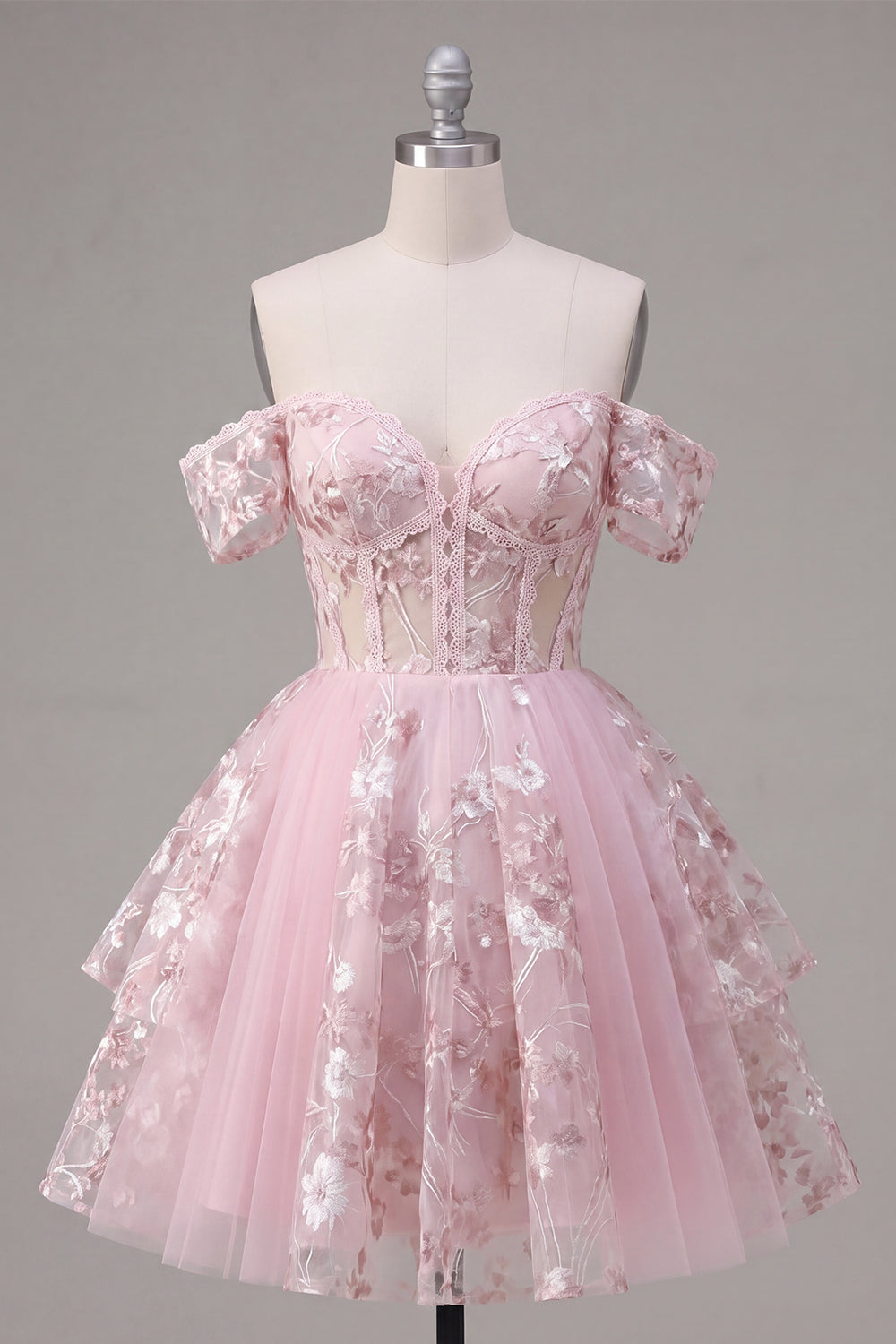 Floral A Line Off The Shoulder Corset Short Pink Homecoming Dress