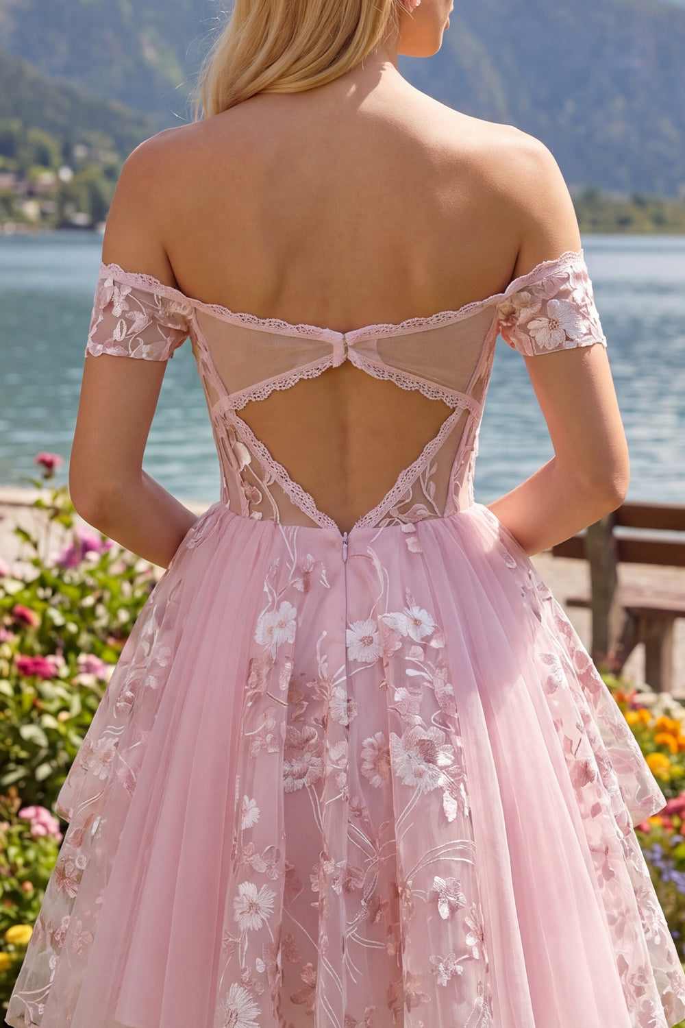 Floral A Line Off The Shoulder Corset Short Pink Homecoming Dress