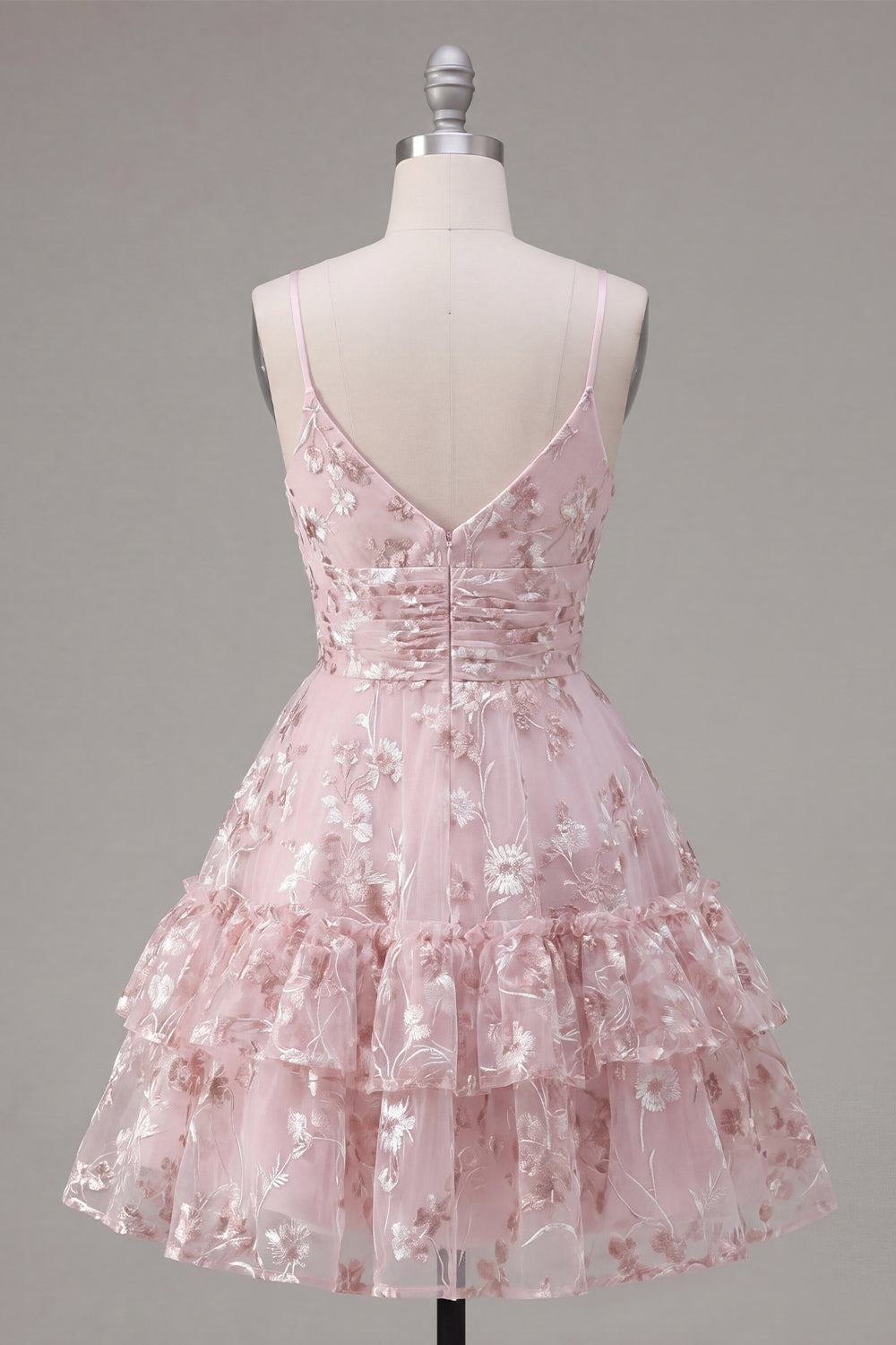 Pink Ruched A Line V-Neck Short Floral Tiered Ruffled Homecoming Dress