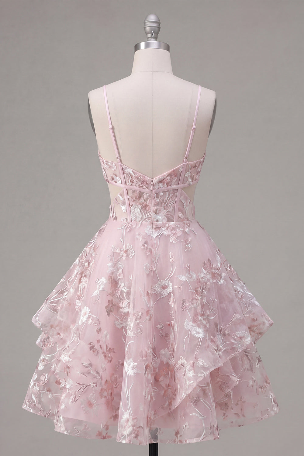 Pink Cut Out A Line V-Neck Short Floral Ruffled Corset Homecoming Dress