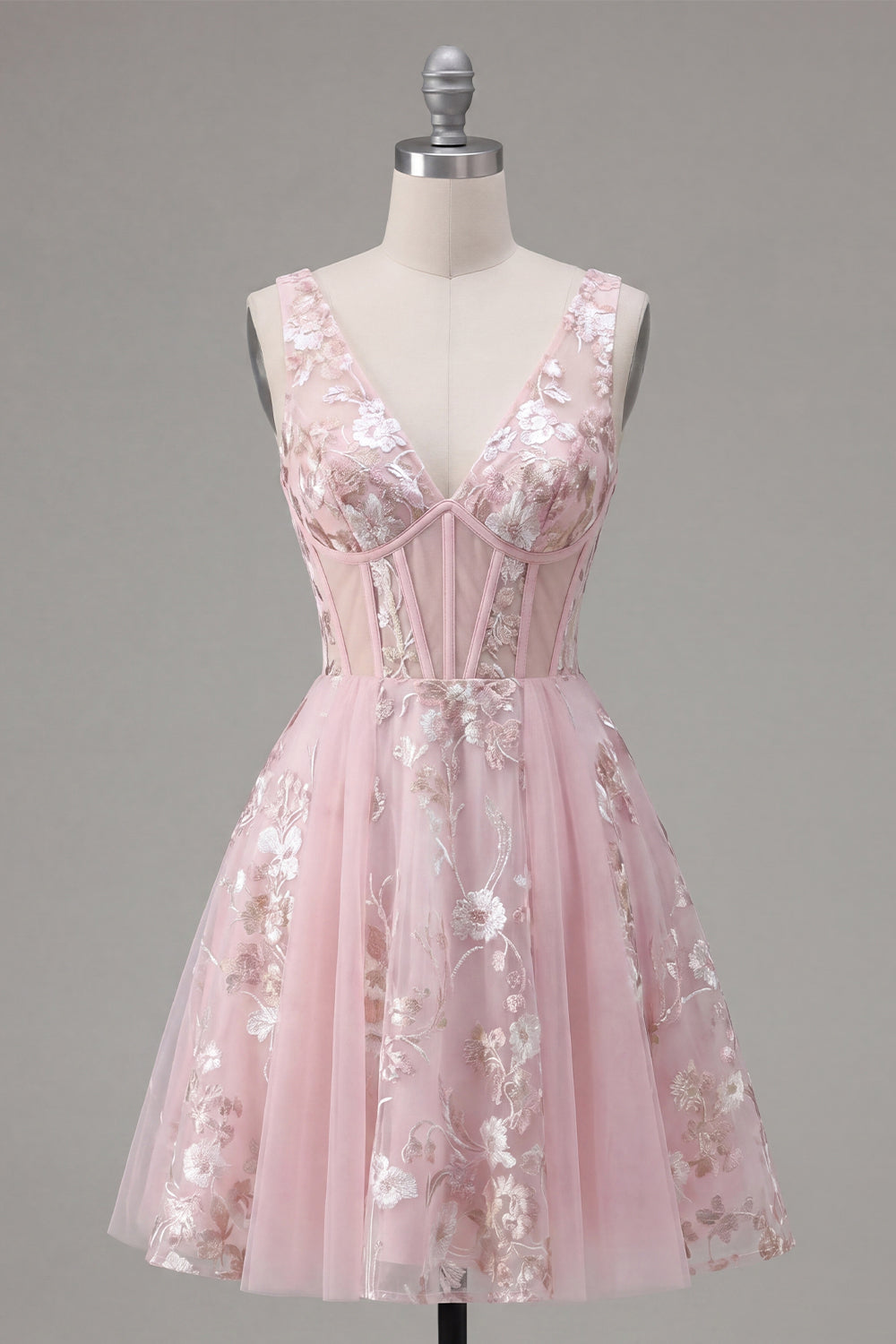 Pink Floral V-Neck A Line Short Corset Homecoming Dress