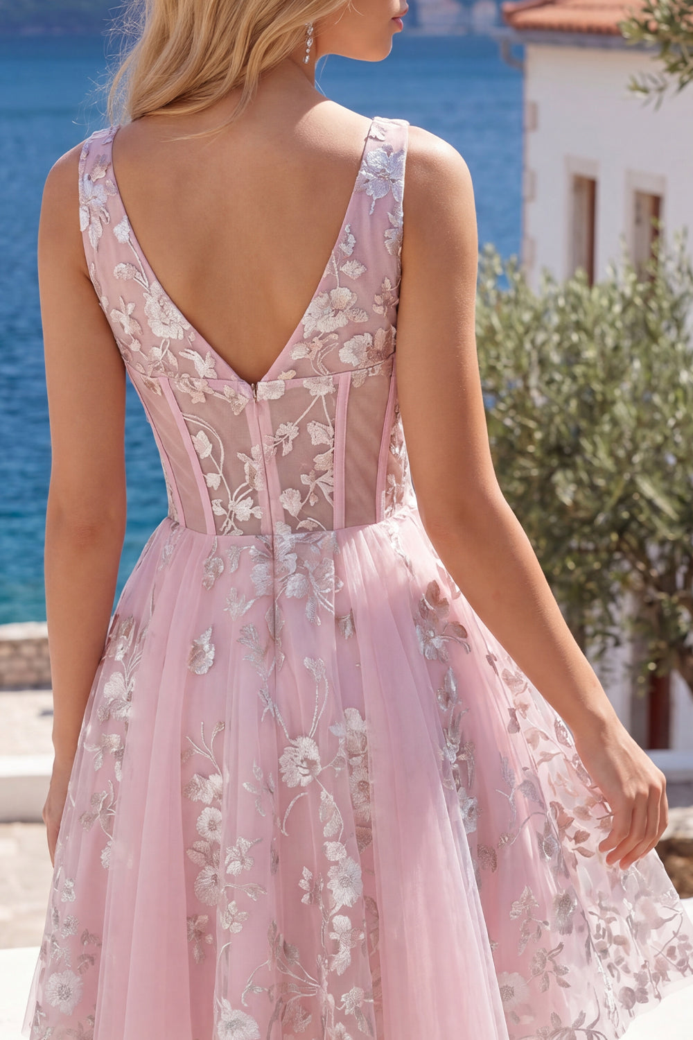 Pink Floral V-Neck A Line Short Corset Homecoming Dress