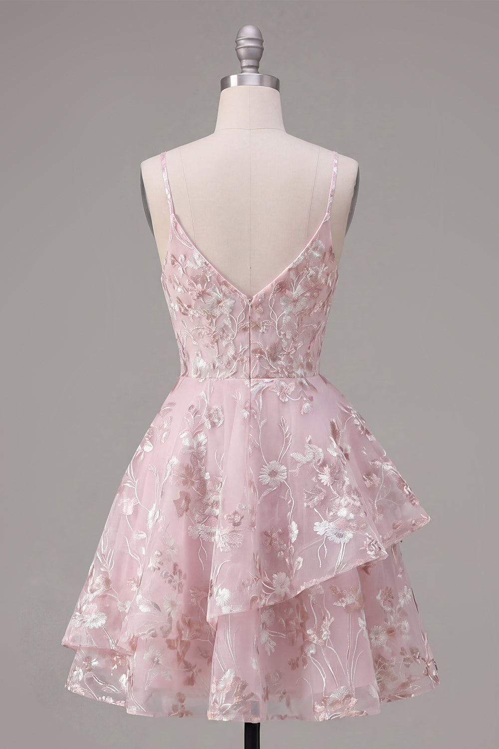 A Line Pink Floral V-Neck Ruffled Short Corset Homecoming Dress
