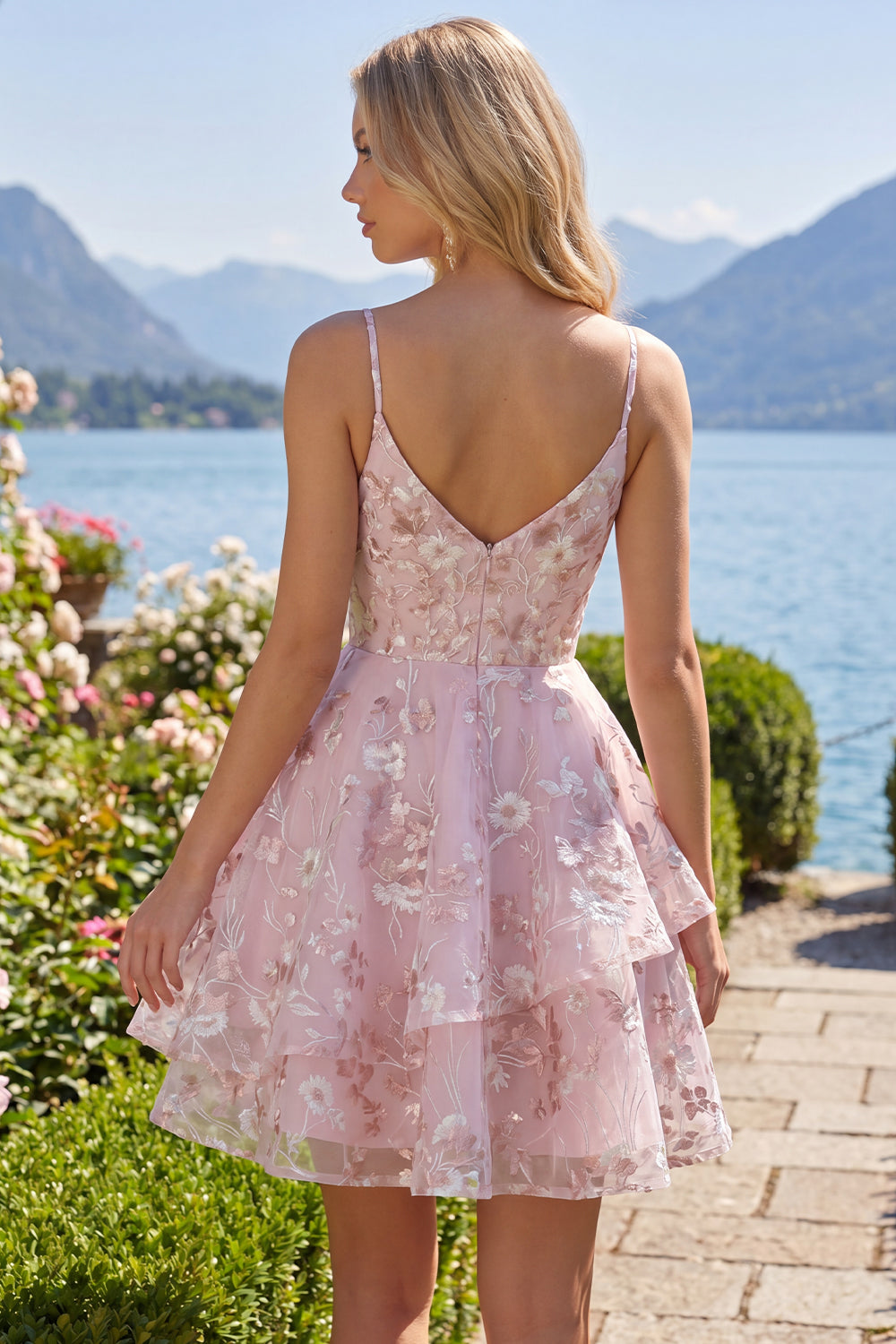 A Line Pink Floral V-Neck Ruffled Short Corset Homecoming Dress