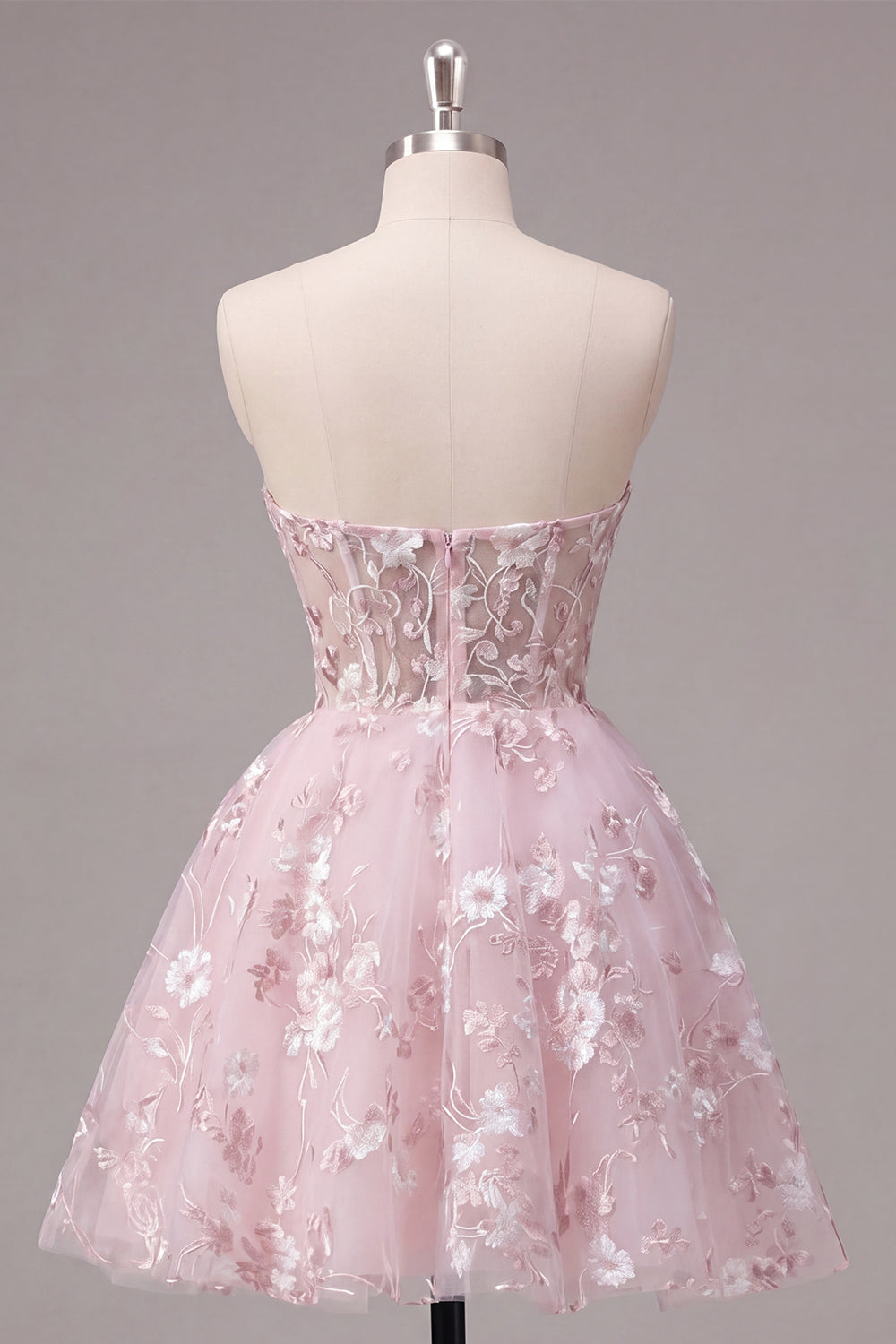 Pink Short Corset Floral Strapless A Line Homecoming Dress