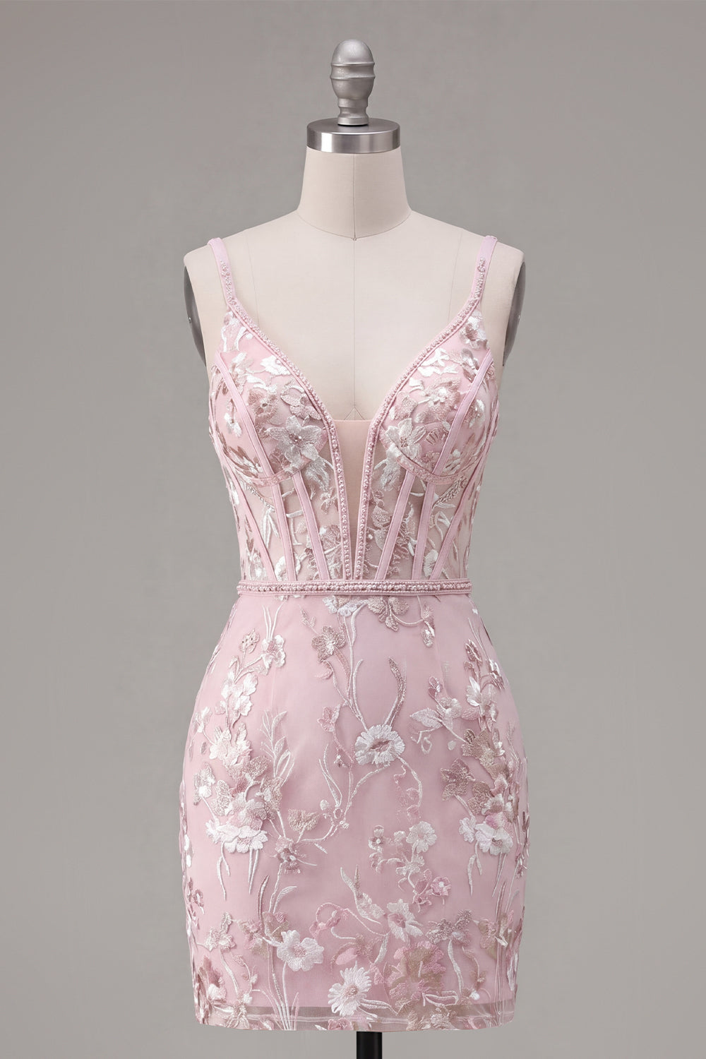 Pink Floral V-Neck Tight Short Corset Homecoming Dress with Beading