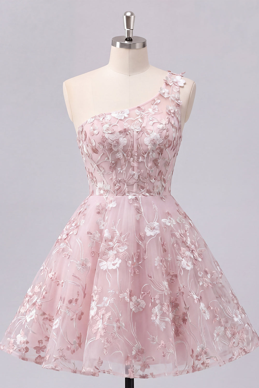 One Shoulder Floral A Line Pink Short Corset Homecoming Dress