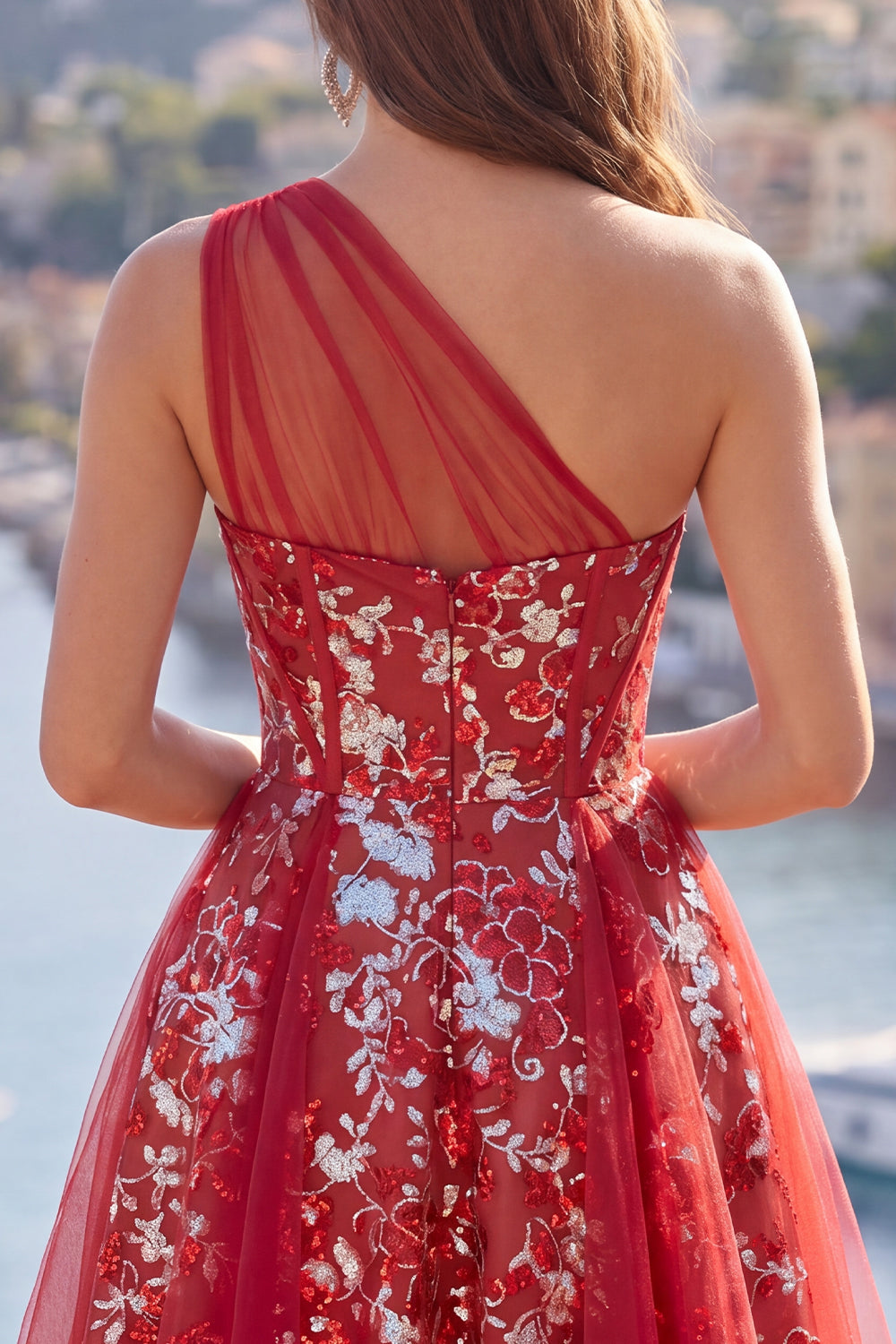 Sparkly Red Short Floral Corset A Line Beaded Homecoming Dress with Ruffles