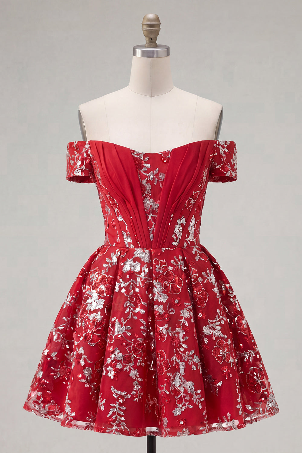 Sparkly Red Floral Short Corset A Line Homecoming Dress with Beading