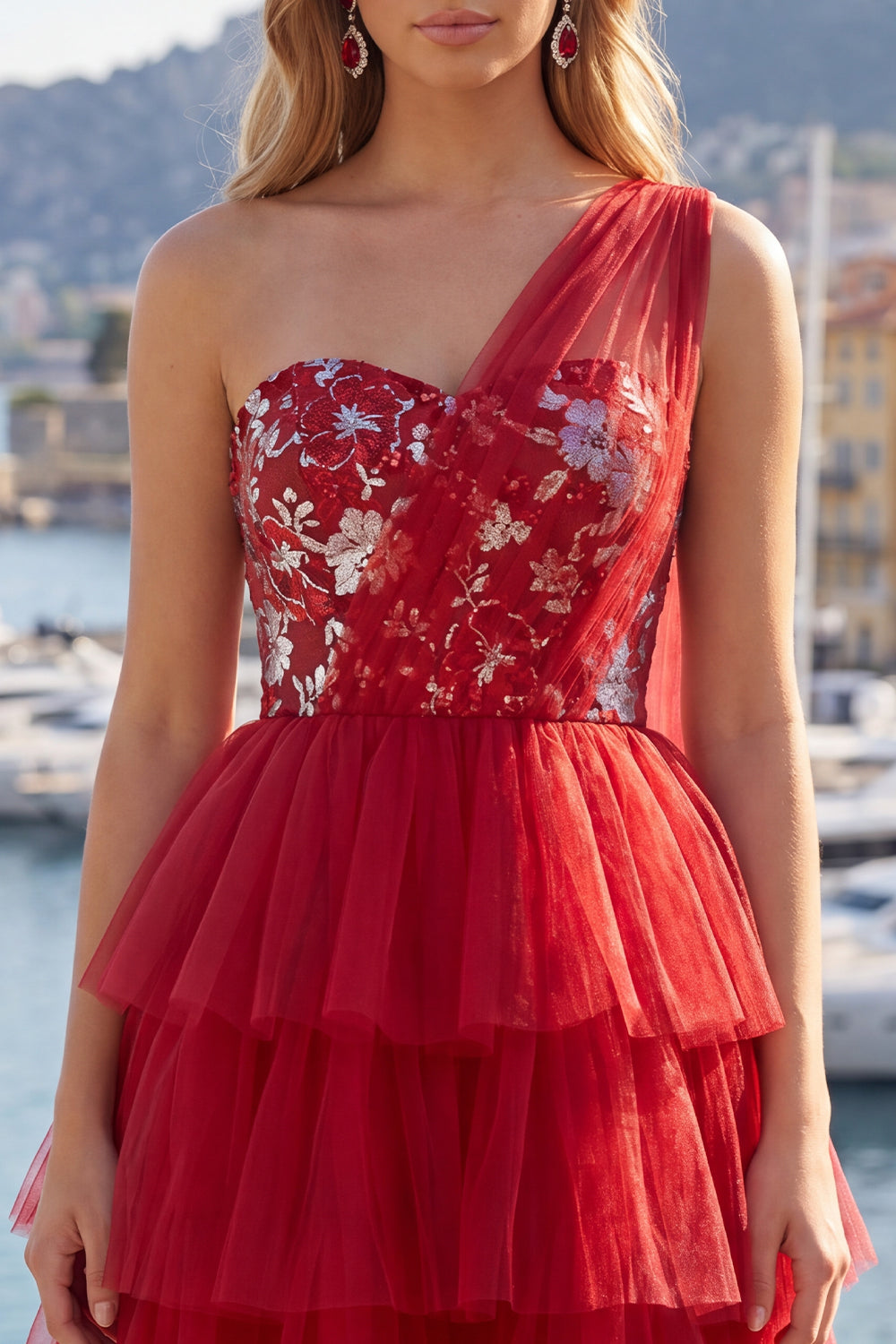 Floral A Line One Shoulder Red Short Homecoming Dress with Ruffles