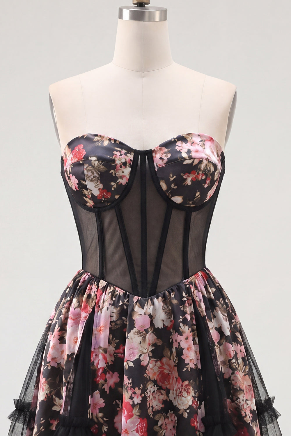 Black Pink Flower A Line Short Strapless Corset Homecoming Dress