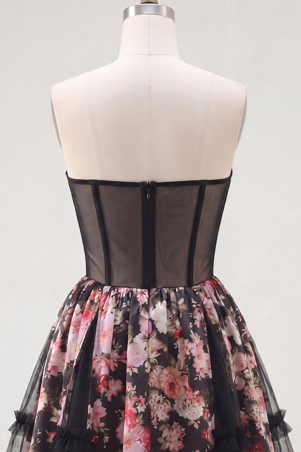 Black Pink Flower A Line Short Strapless Corset Homecoming Dress