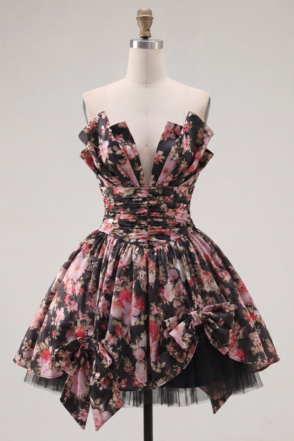 Black Pink Flower V-Neck A Line Short Ruched Homecoming Dress with Bows