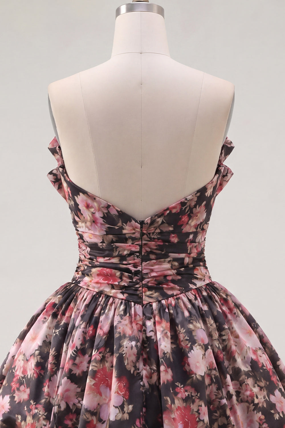 Black Pink Flower V-Neck A Line Short Ruched Homecoming Dress with Bows