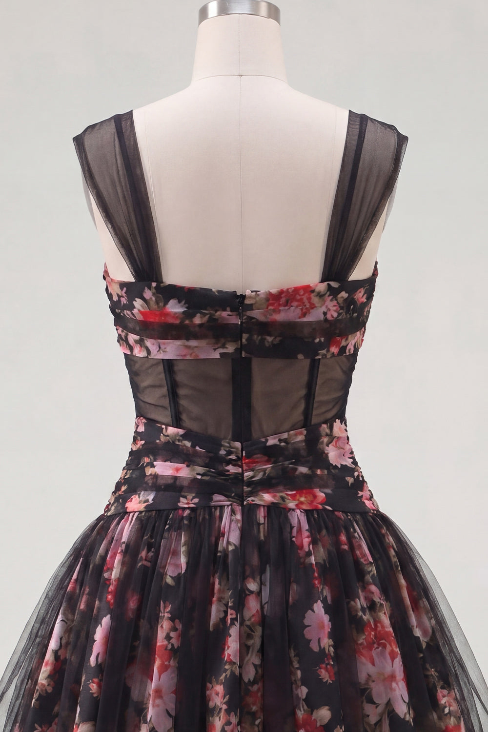 Black Pink Floral Ruched Corset A Line Short Homecoming Dress