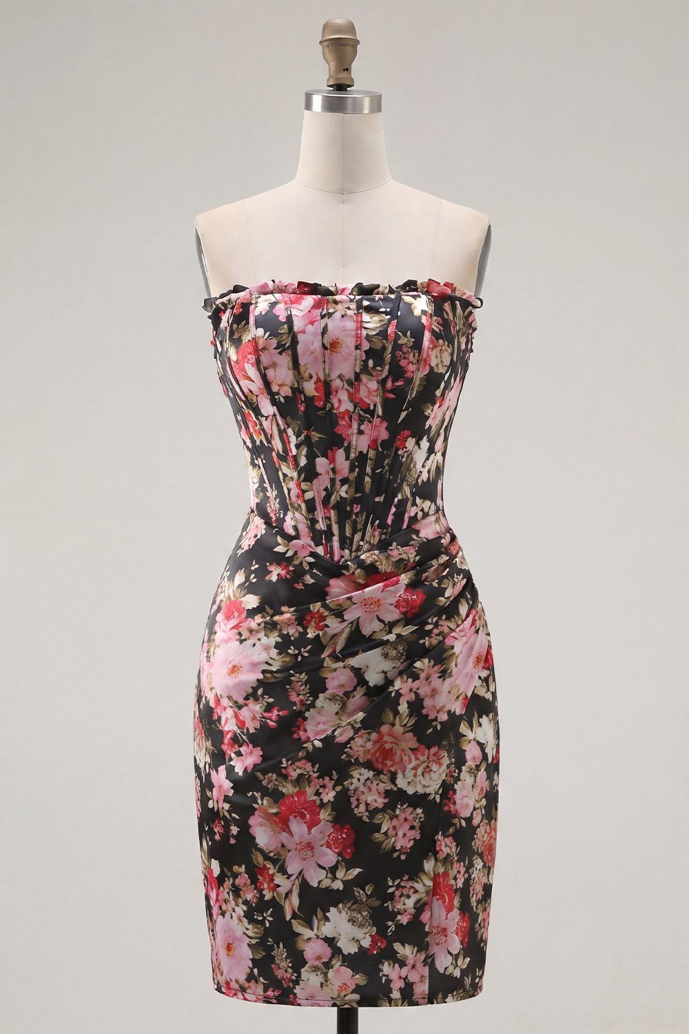 Black Pink Flower Strapless Ruched Tight Short Corset Homecoming Dress