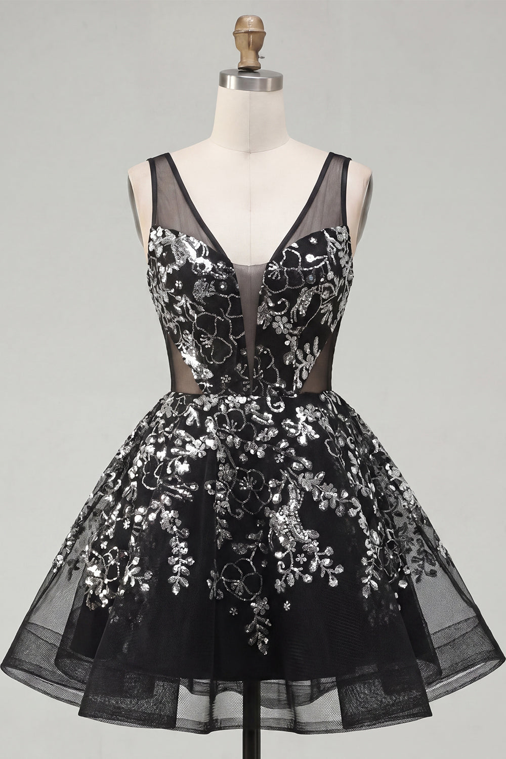 Sequin A Line Floral Sparkly Black Short Homecoming Dress