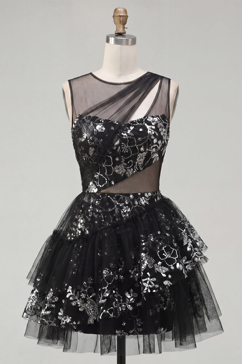 Sparkly Black A Line Keyhole Short Sequin Floral Homecoming Dress