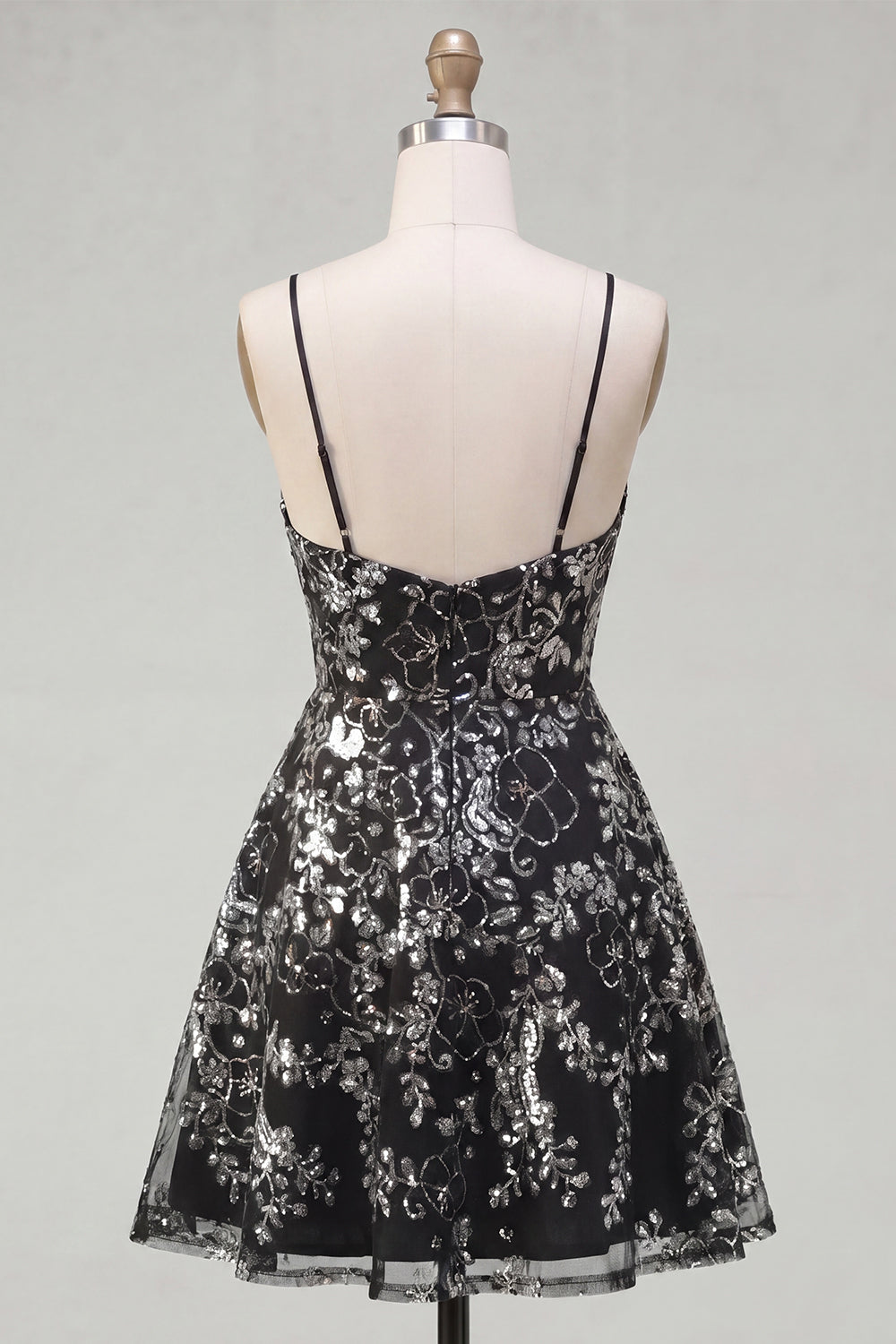 Sparkly Black Spaghetti Straps Floral Short Sequin A Line Homecoming Dress