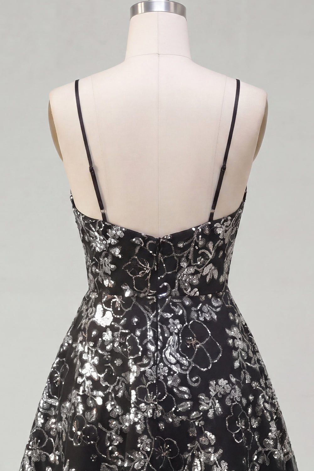 Sparkly Black Spaghetti Straps Floral Short Sequin A Line Homecoming Dress