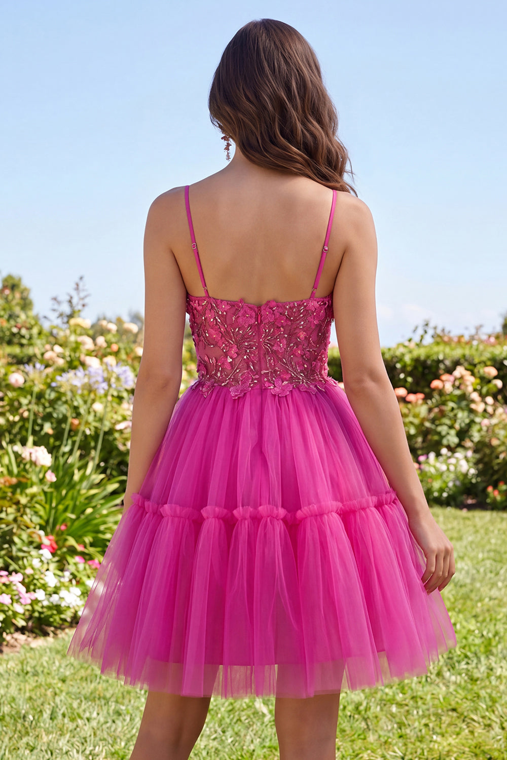 Sparkly Fuchsia Corset Floral Beaded A Line Short Spaghetti Straps Homecoming Dress