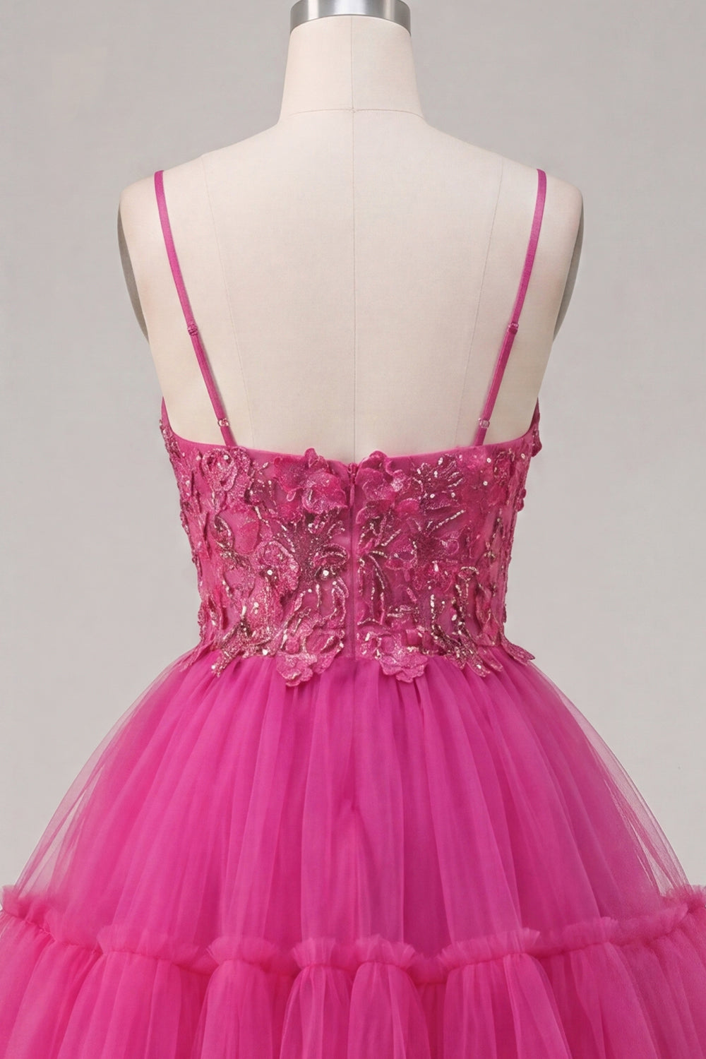Sparkly Fuchsia Corset Floral Beaded A Line Short Spaghetti Straps Homecoming Dress