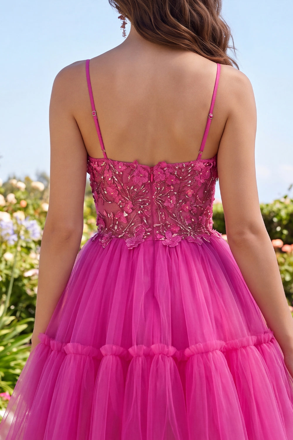Sparkly Fuchsia Corset Floral Beaded A Line Short Spaghetti Straps Homecoming Dress