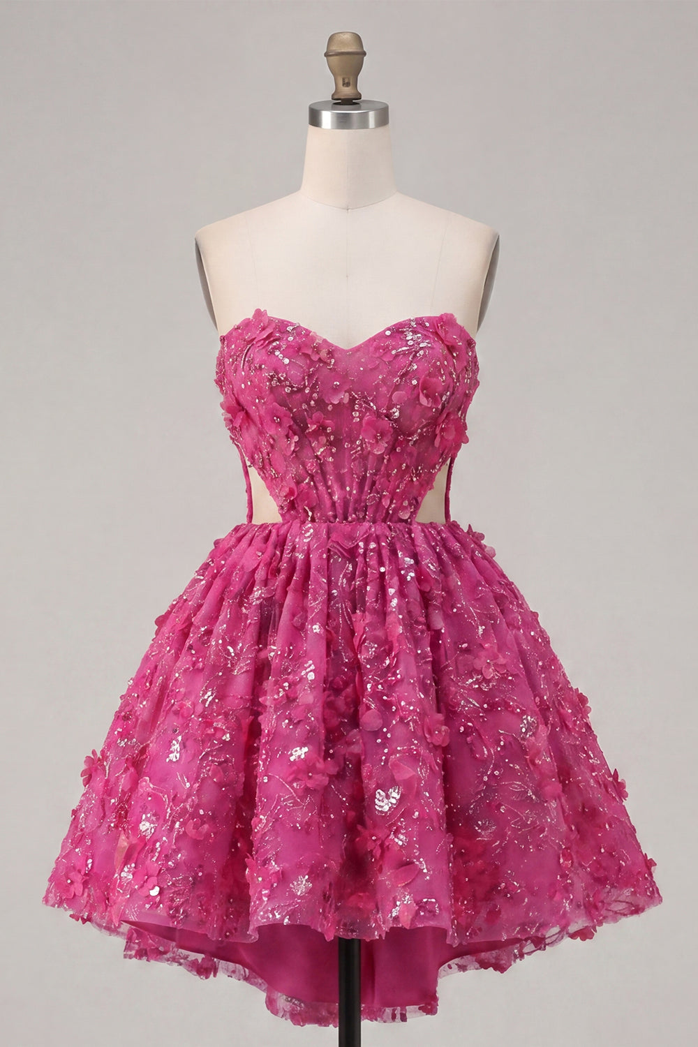 Sparkly Fuchsia A Line Corset Cut Out Floral Beaded Short Homecoming Dress