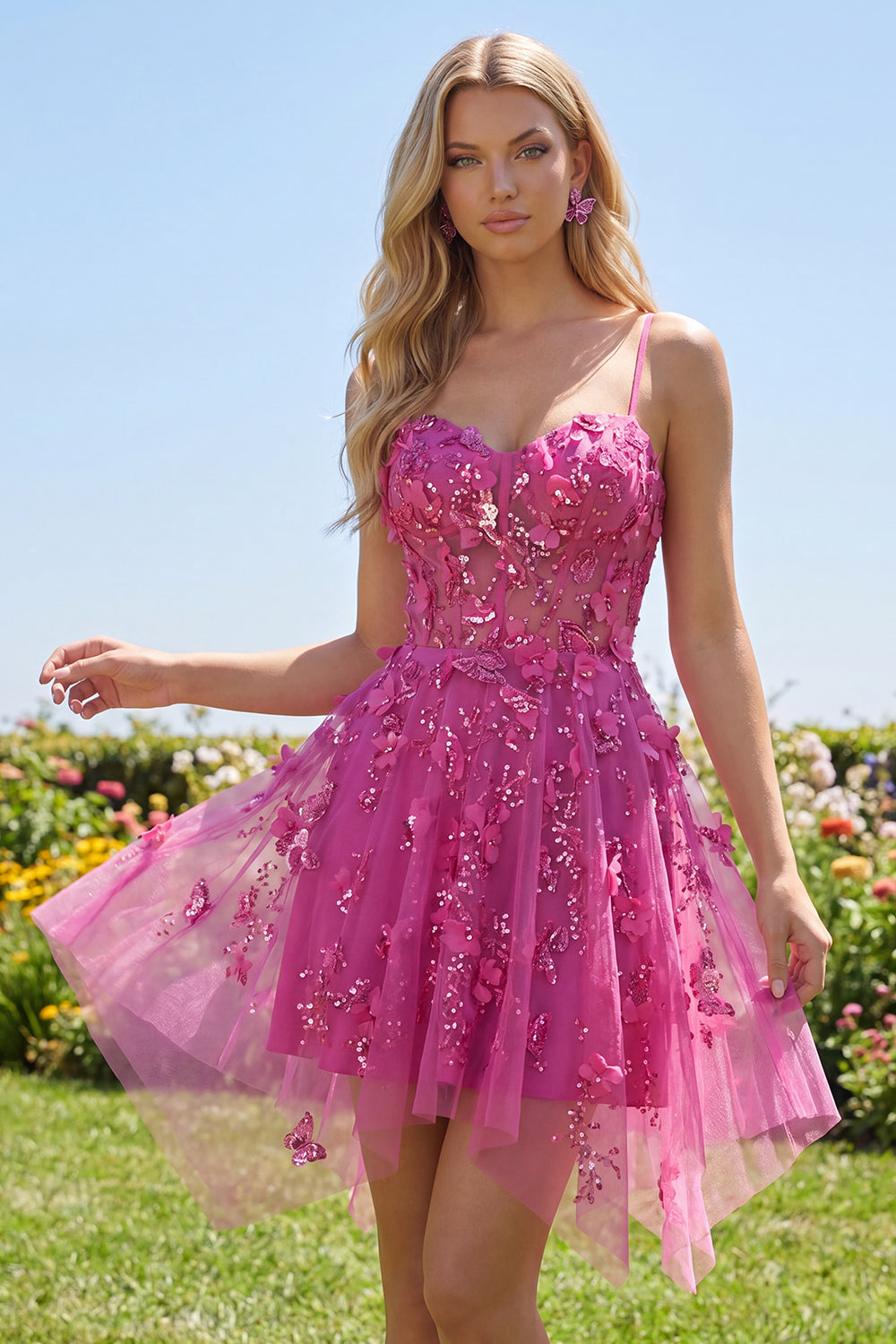 Beaded Short Sparkly Fuchsia A Line Corset Floral Homecoming Dress