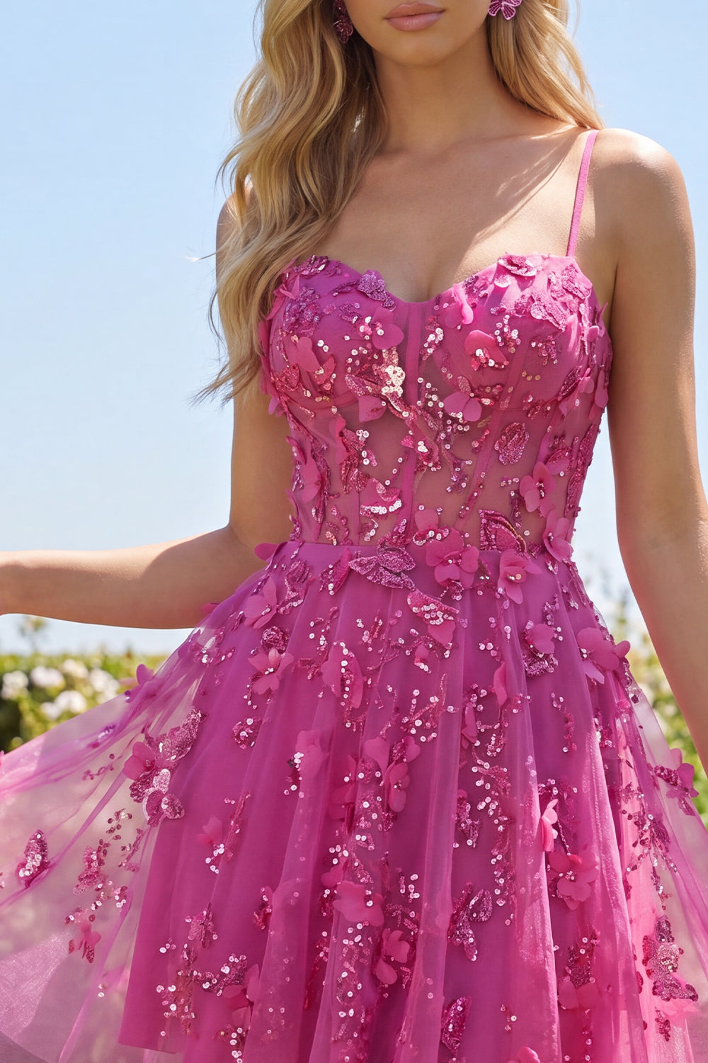 Beaded Short Sparkly Fuchsia A Line Corset Floral Homecoming Dress