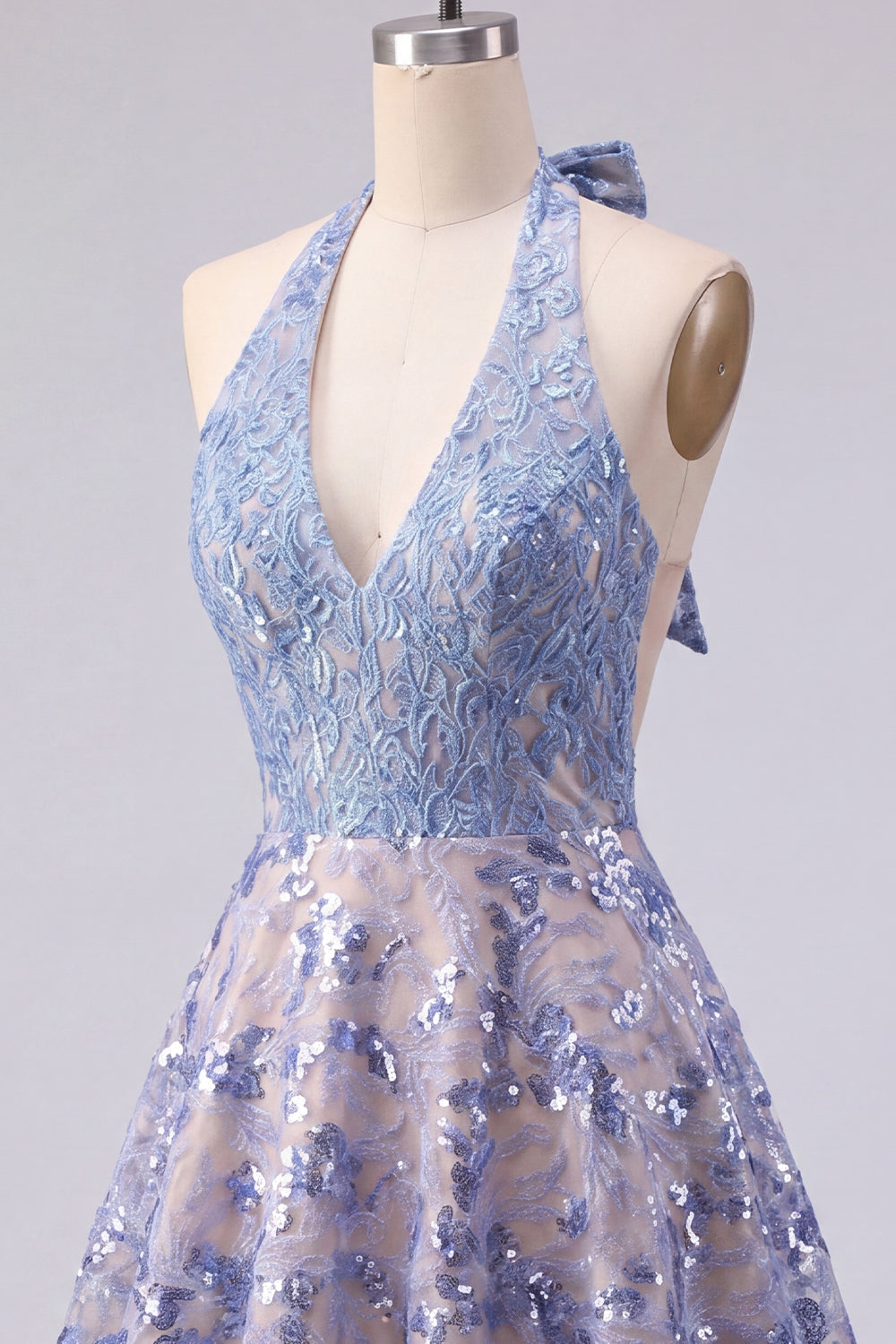 Halter Sparkly Grey Blue Short A Line Beaded Homecoming Dress with Bow