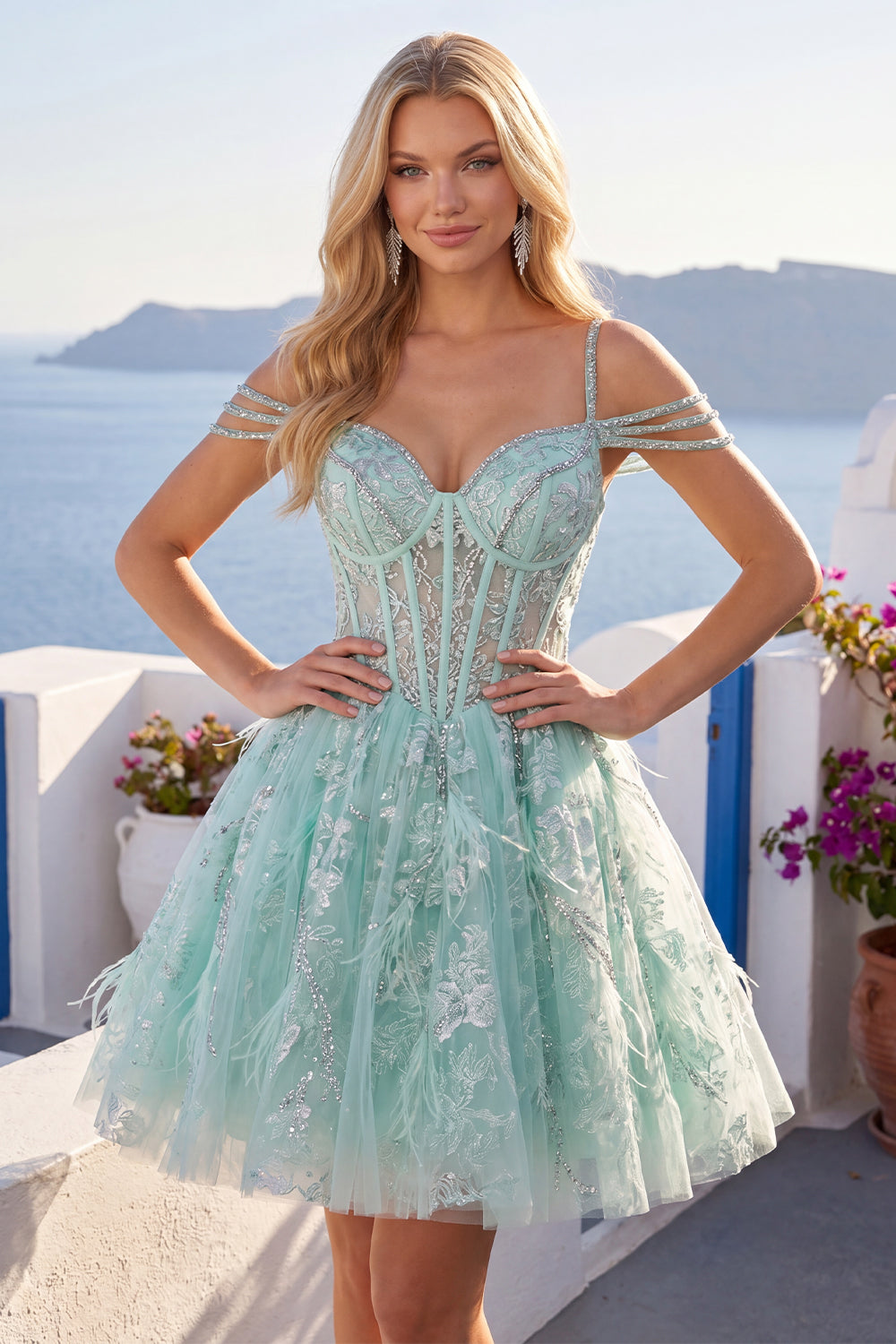Sparkly Mint Cold Shoulder Floral Corset Short A Line Beaded Homecoming Dress