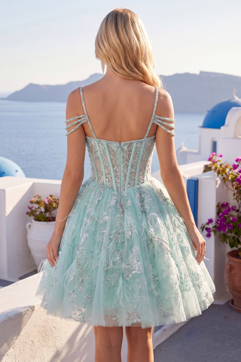 Sparkly Mint Cold Shoulder Floral Corset Short A Line Beaded Homecoming Dress