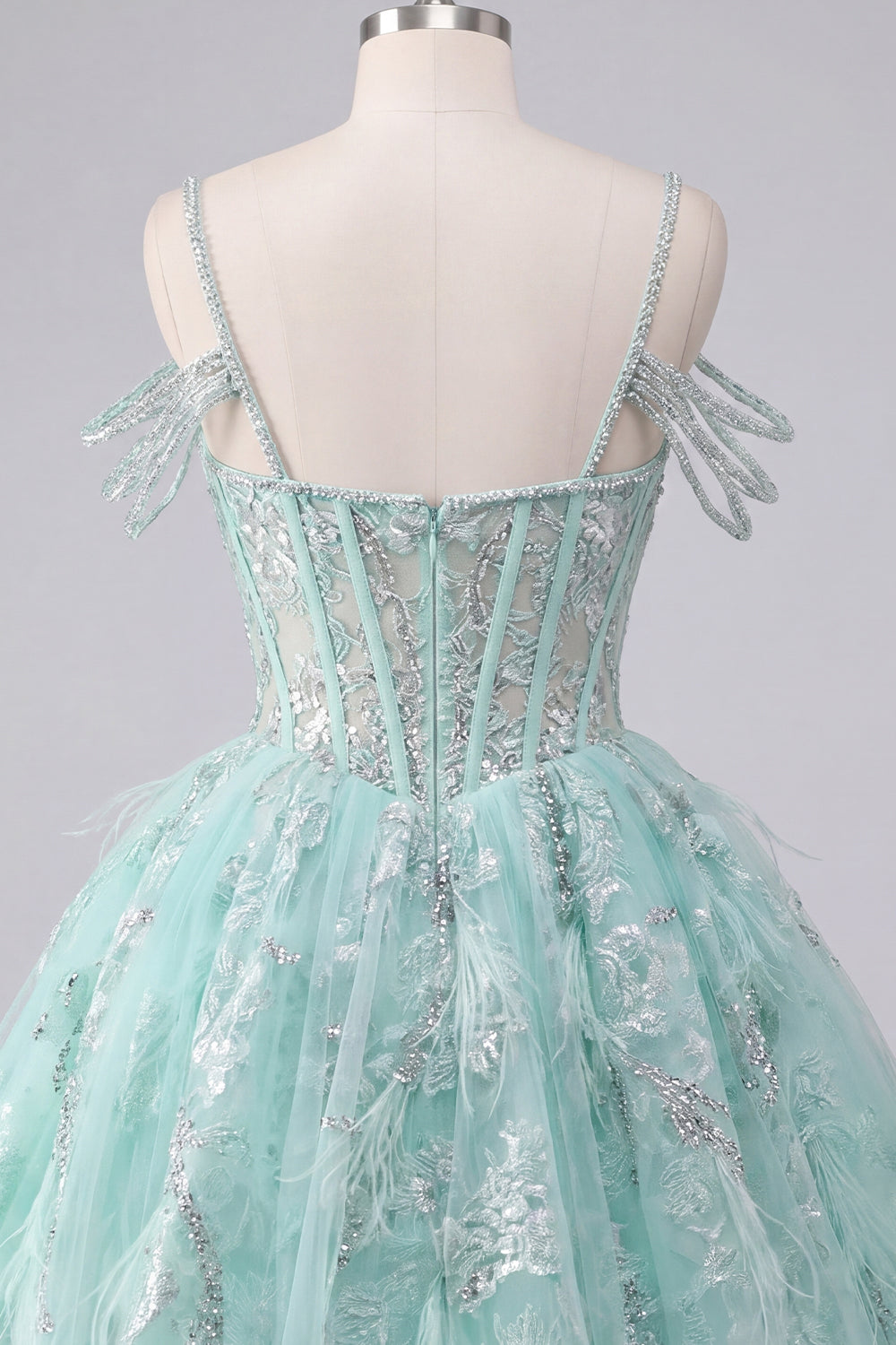 Sparkly Mint Cold Shoulder Floral Corset Short A Line Beaded Homecoming Dress