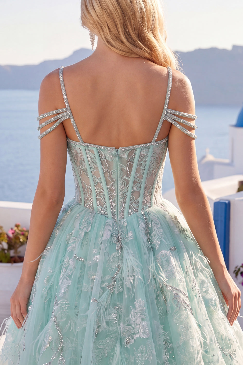 Sparkly Mint Cold Shoulder Floral Corset Short A Line Beaded Homecoming Dress