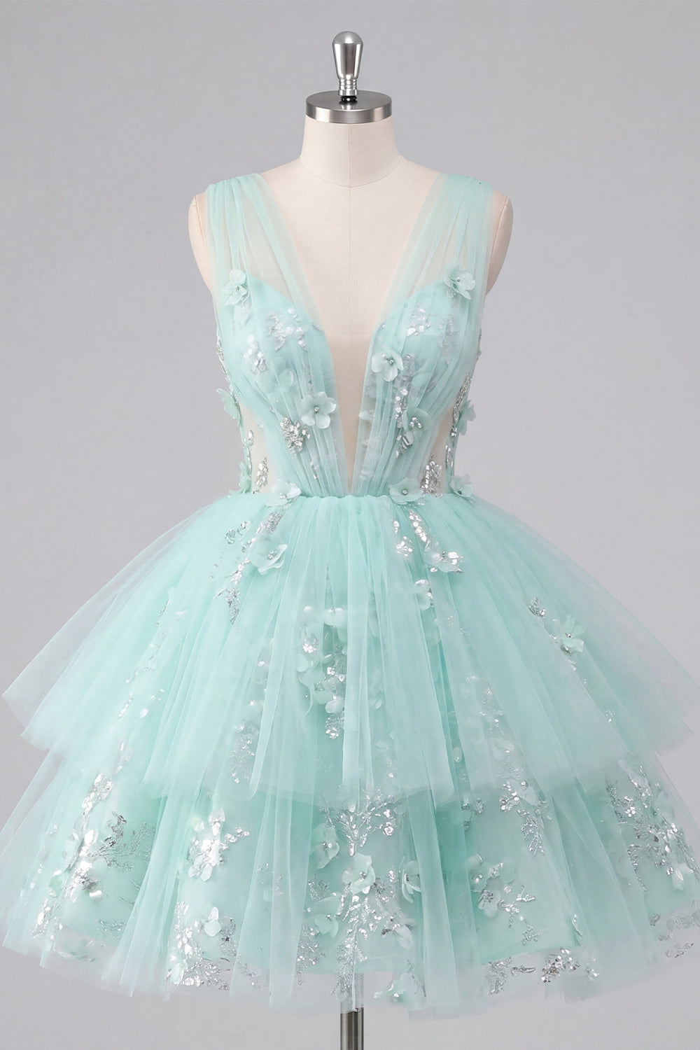 Sparkly Mint Short A Line V-Neck Floral Beaded Homecoming Dress with Ruffles