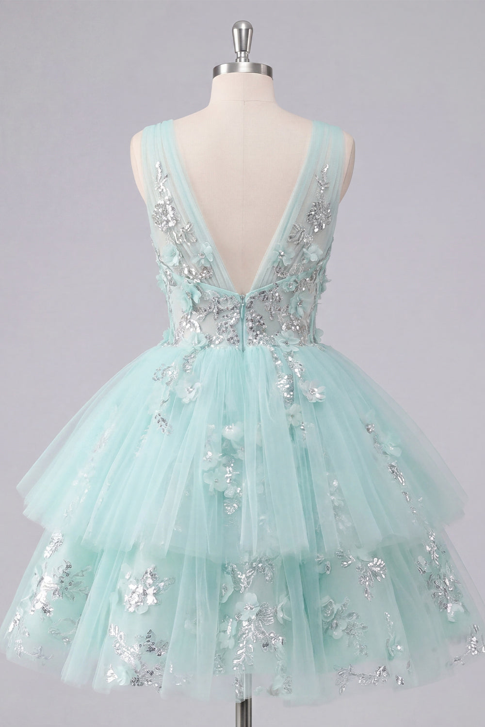 Sparkly Mint Short A Line V-Neck Floral Beaded Homecoming Dress with Ruffles