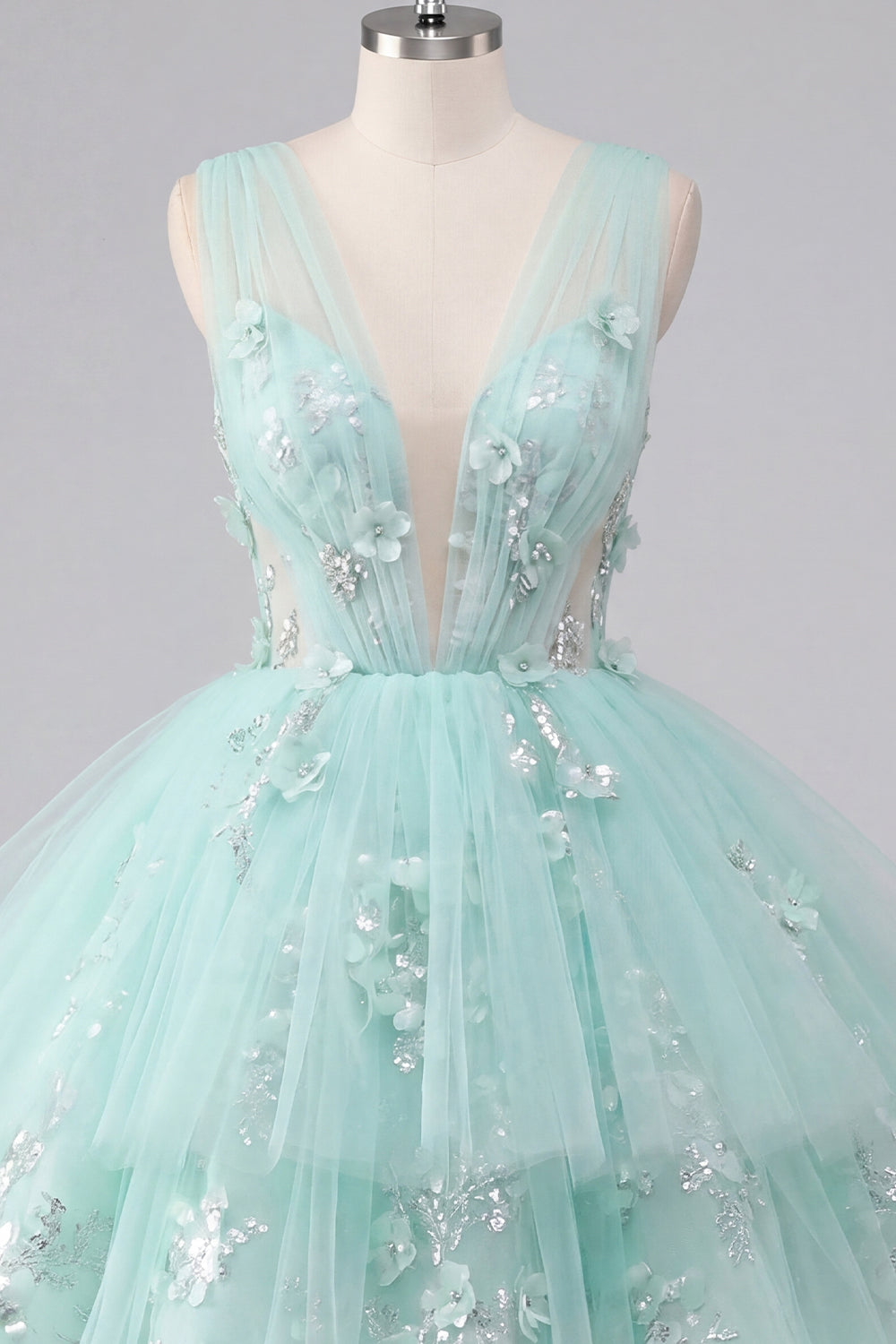 Sparkly Mint Short A Line V-Neck Floral Beaded Homecoming Dress with Ruffles