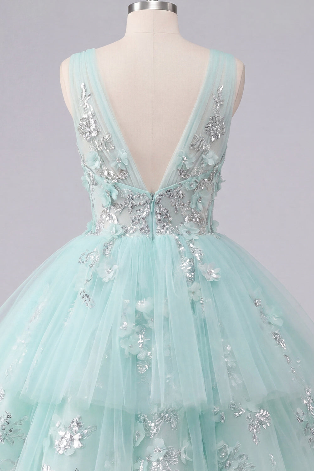 Sparkly Mint Short A Line V-Neck Floral Beaded Homecoming Dress with Ruffles