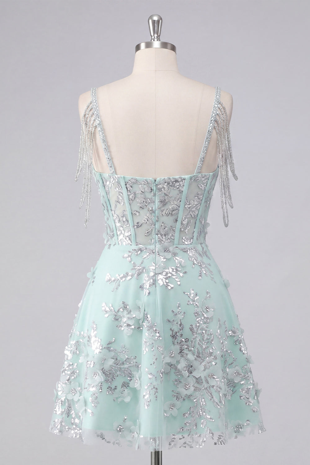 Sparkly Mint Floral Short A Line Corset Cold Shoulder Beaded Homecoming Dress