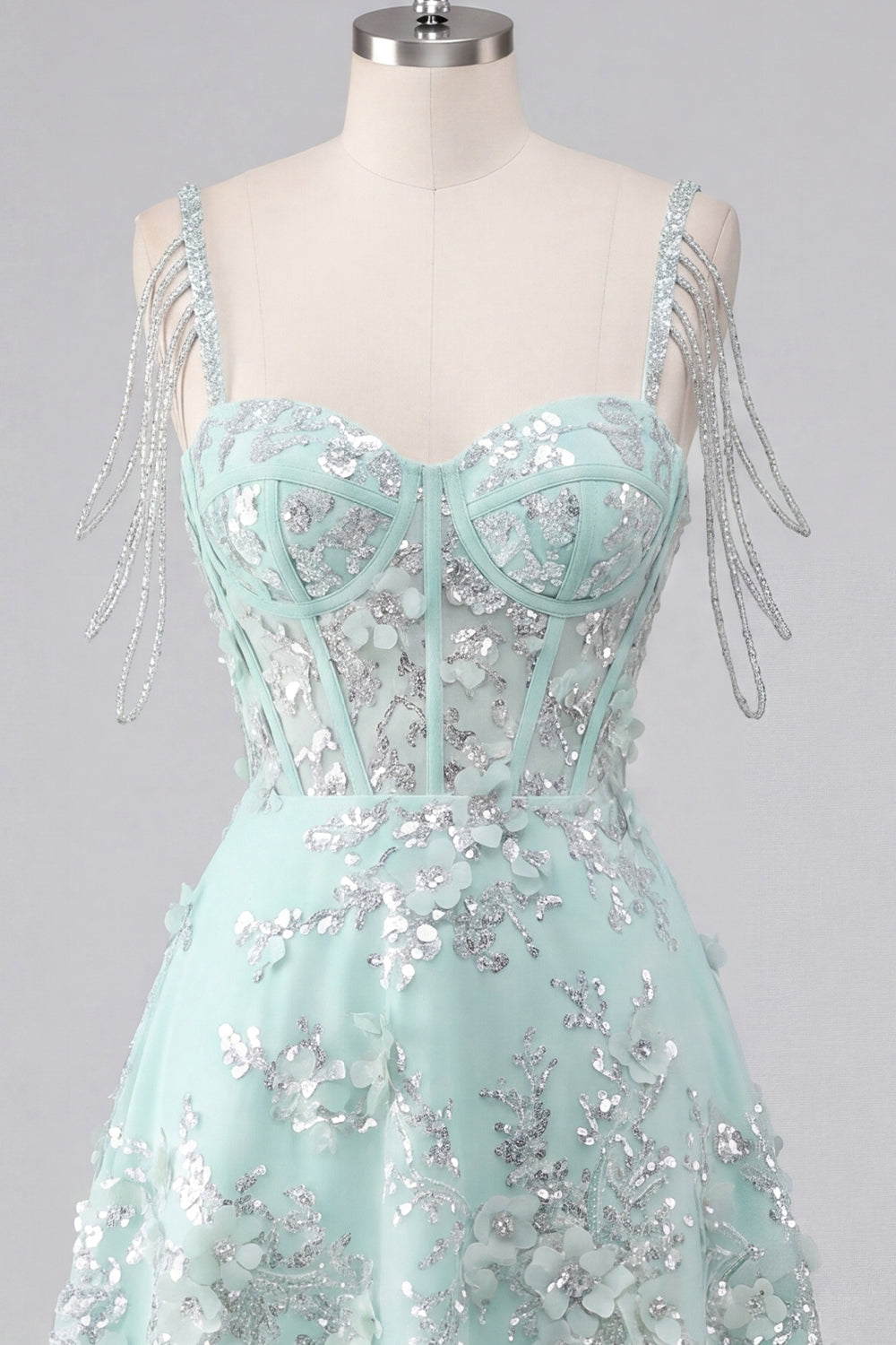 Sparkly Mint Floral Short A Line Corset Cold Shoulder Beaded Homecoming Dress