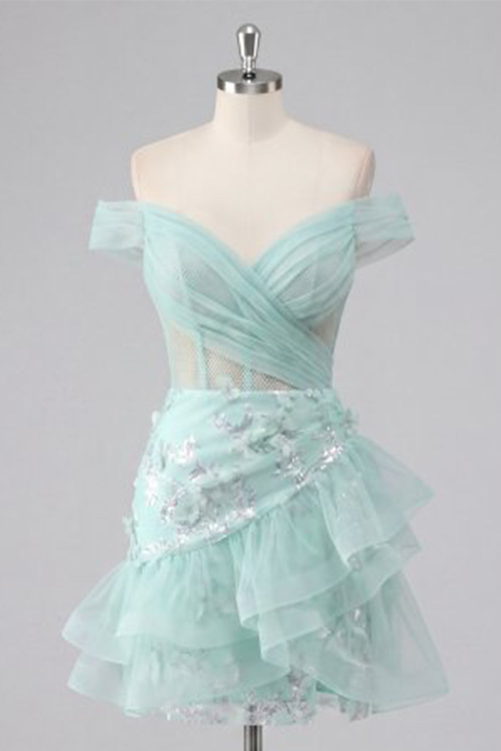 Sparkly Mint Short A Line Ruched Corset Floral Homecoming Dress with Ruffles