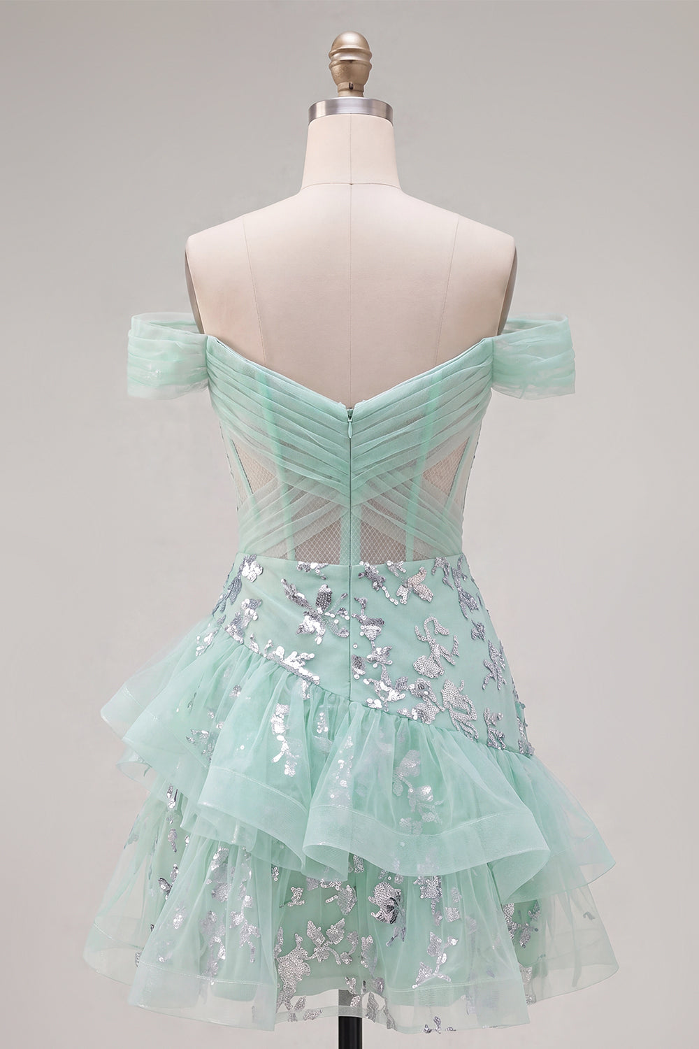 Sparkly Mint Short A Line Ruched Corset Floral Homecoming Dress with Ruffles