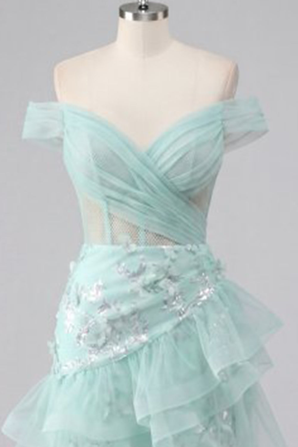 Sparkly Mint Short A Line Ruched Corset Floral Homecoming Dress with Ruffles
