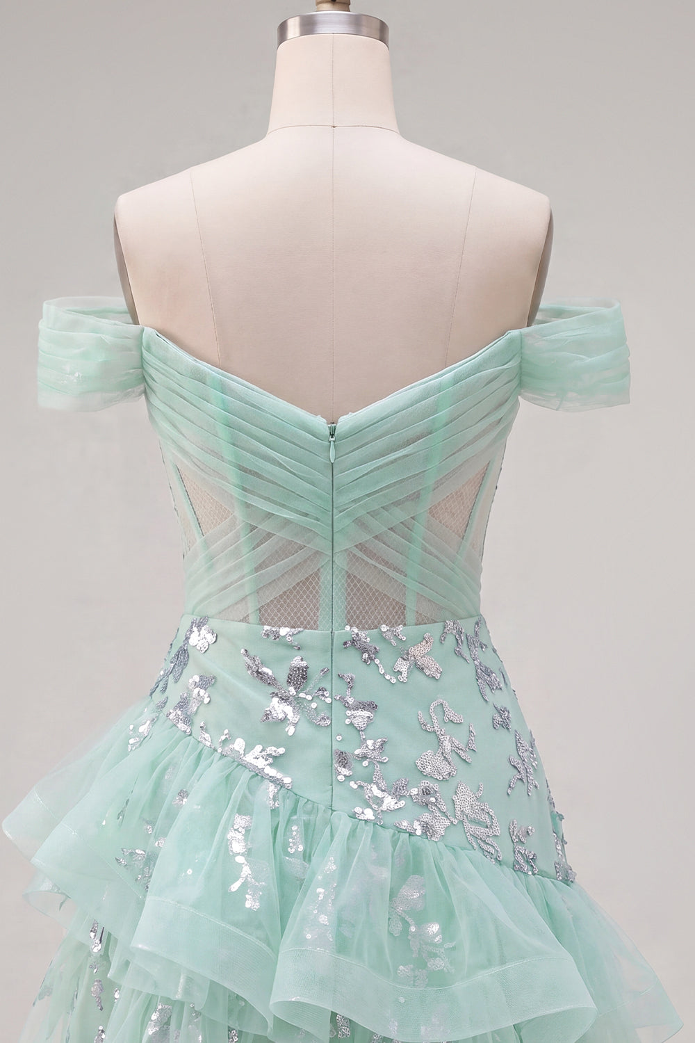 Sparkly Mint Short A Line Ruched Corset Floral Homecoming Dress with Ruffles