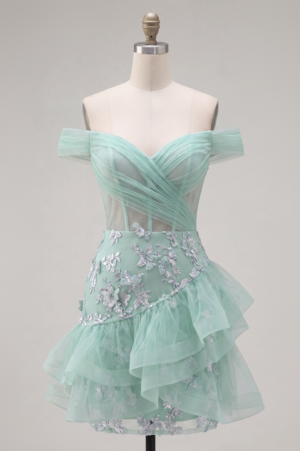 Sparkly Mint Short A Line Ruched Corset Floral Homecoming Dress with Ruffles